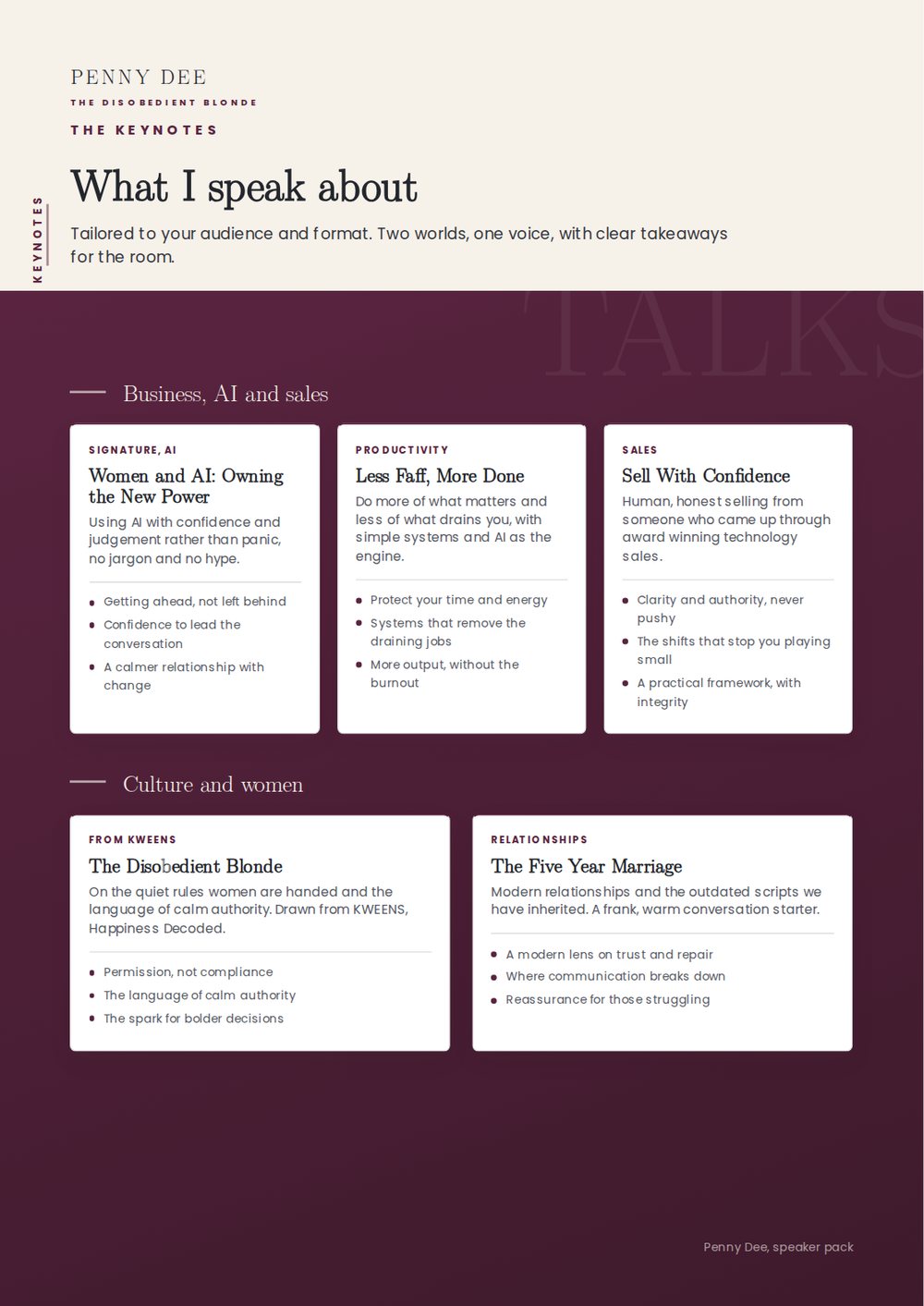 Speaker pack, page three, the keynotes